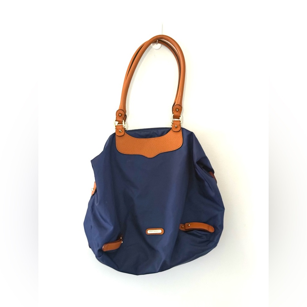 Rebecca Minkoff Nylon Tote Bag Blue Nylon Tan Leather Double Handles